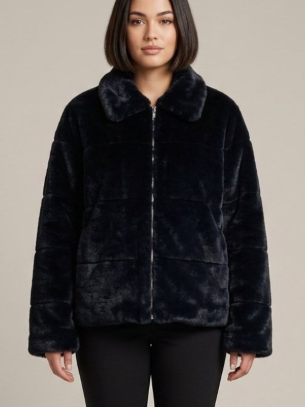 Regal Faux Fur Channeled Bomber Jacket Jet Black Oversized 1X
